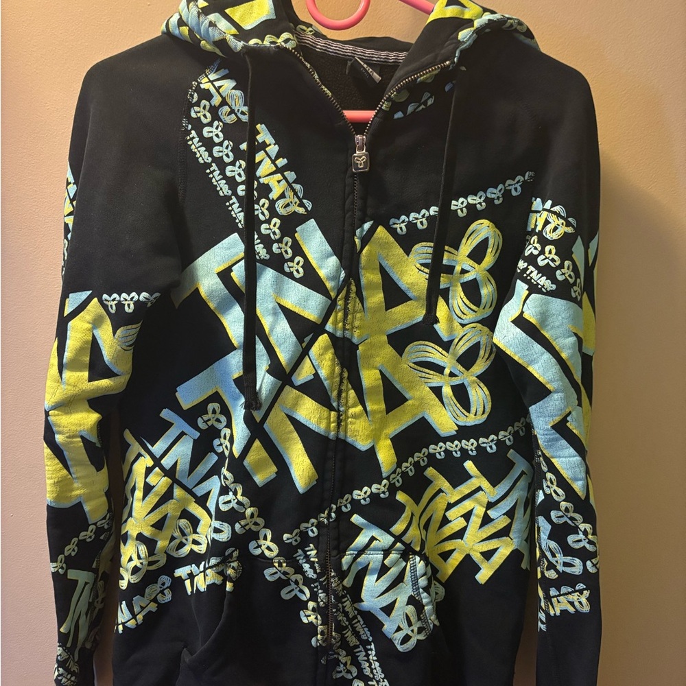 TNA Black Zip-Up Hoodie with Patterned Trim